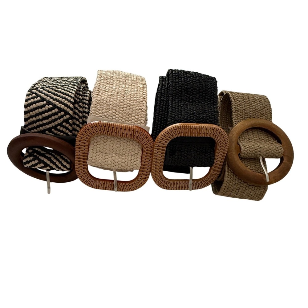 Woven Elastic Stretch Belts Women OS Multi Color Wood Buckle Lot of 4